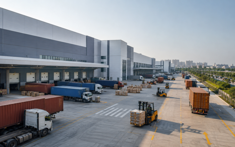 Representative image: Modern Grade A warehousing and logistics hub with trucks, loading bays and cargo movement, reflecting Welspun One’s 10 million square feet leasing push and India’s expanding industrial real estate supply chain.