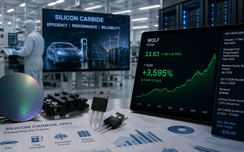 Wolfspeed stock rally and silicon carbide manufacturing strategy come into focus after Chapter 11 restructuring, Renesas backing and rising AI data center demand. Representative image.