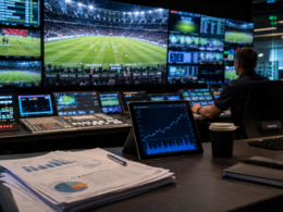 Representative image of a sports broadcast control room, highlighting how Zee Entertainment’s Rs 2,300 crore fundraise and FIFA World Cup rights push could reshape its media, streaming and investor growth strategy.