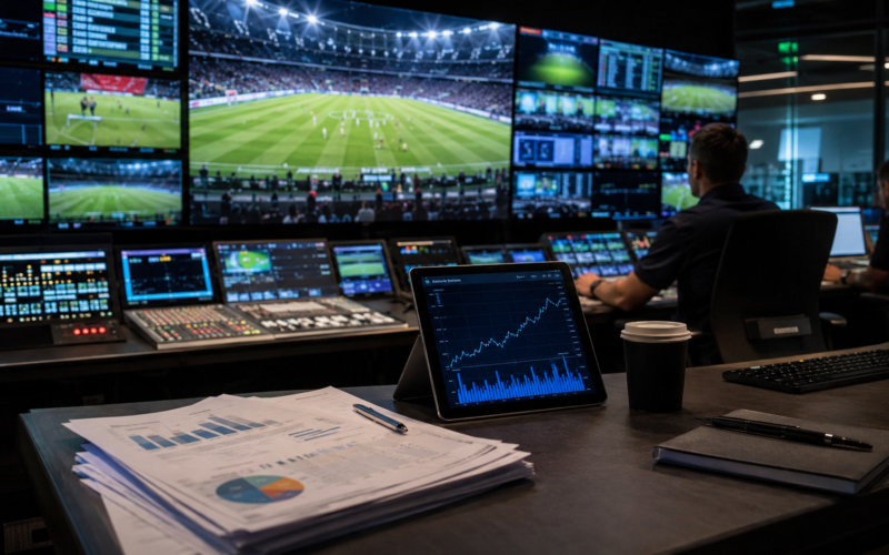 Representative image of a sports broadcast control room, highlighting how Zee Entertainment’s Rs 2,300 crore fundraise and FIFA World Cup rights push could reshape its media, streaming and investor growth strategy.