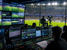 Representative image of a football broadcast production room with stadium feeds and control screens, illustrating Zee Entertainment’s Unite8 Sports launch and FIFA World Cup broadcasting rights in India.