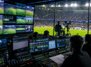 Representative image of a football broadcast production room with stadium feeds and control screens, illustrating Zee Entertainment’s Unite8 Sports launch and FIFA World Cup broadcasting rights in India.