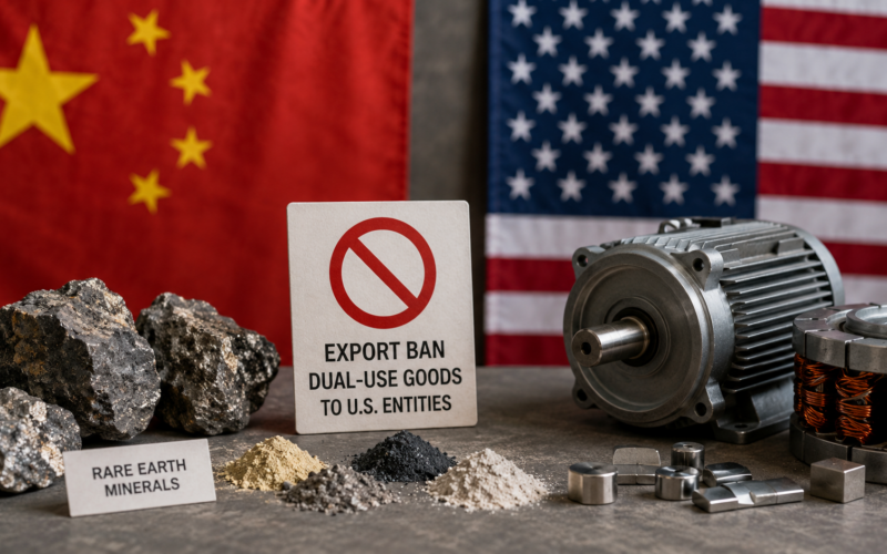 Representative image of rare earth minerals and industrial motor components as China targets MP Materials and USA Rare Earth in a critical minerals export ban.