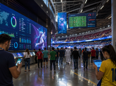 Representative image of fans using digital screens inside a modern football stadium, highlighting how FIFA World Cup 2026 is expanding through Salesforce technology, Netflix Games and new fan engagement platforms.