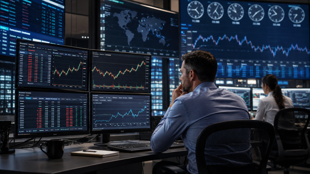 Current image: Representative image of a global trading desk monitoring digital asset markets, reflecting how CME Group’s 24/7 crypto derivatives launch could reshape regulated cryptocurrency futures and options trading.