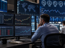 Representative image of a global trading desk monitoring digital asset markets, reflecting how CME Group’s 24/7 crypto derivatives launch could reshape regulated cryptocurrency futures and options trading.