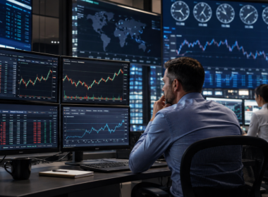 Representative image of a global trading desk monitoring digital asset markets, reflecting how CME Group’s 24/7 crypto derivatives launch could reshape regulated cryptocurrency futures and options trading.