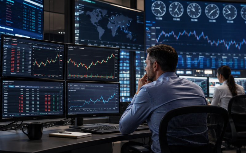 Representative image of a global trading desk monitoring digital asset markets, reflecting how CME Group’s 24/7 crypto derivatives launch could reshape regulated cryptocurrency futures and options trading.