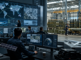 Representative image of a high-tech defense operations center and munitions facility, reflecting how record global defense spending is expanding beyond traditional contractors into satellite intelligence, software-driven systems, autonomy and missile stockpile replenishment.
