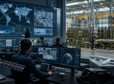 Representative image of a high-tech defense operations center and munitions facility, reflecting how record global defense spending is expanding beyond traditional contractors into satellite intelligence, software-driven systems, autonomy and missile stockpile replenishment.
