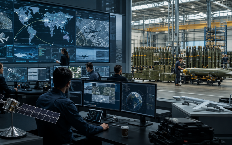 Representative image of a high-tech defense operations center and munitions facility, reflecting how record global defense spending is expanding beyond traditional contractors into satellite intelligence, software-driven systems, autonomy and missile stockpile replenishment.