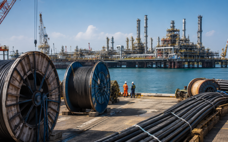 Representative image of industrial cable reels at an offshore energy facility, reflecting MESC’s SAR 175 million ADNOC-linked cable order for the Lower Zakum development project in the United Arab Emirates.