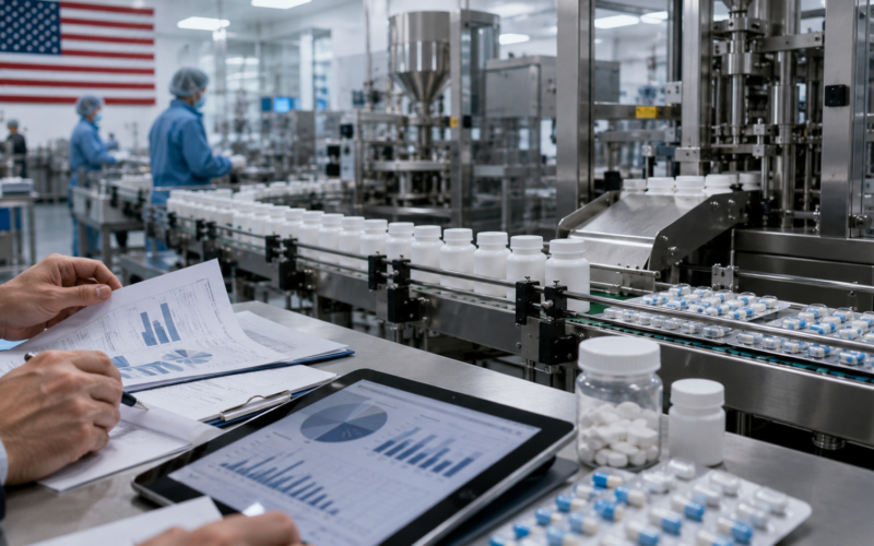 Representative image: A modern United States pharmaceutical production line illustrates Aurobindo Pharma Limited’s planned $250 million Lannett acquisition, which is set to expand its US generics manufacturing footprint after Federal Trade Commission clearance.
