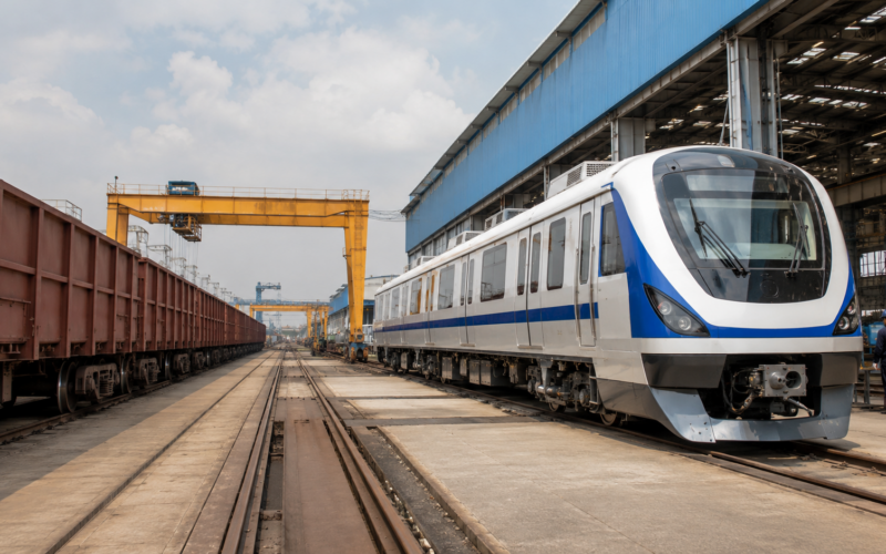 Representative image of a rail manufacturing yard with modern passenger coaches and freight wagons, illustrating Titagarh Rail Systems’ Q4 FY26 execution challenge as investors track its order book, Vande Bharat pipeline and railway manufacturing growth outlook.