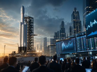 Representative image of a rocket launch and market screens, reflecting how SpaceX’s record IPO and soaring valuation have turned space technology, Starlink growth and artificial intelligence ambitions into a major Wall Street story.