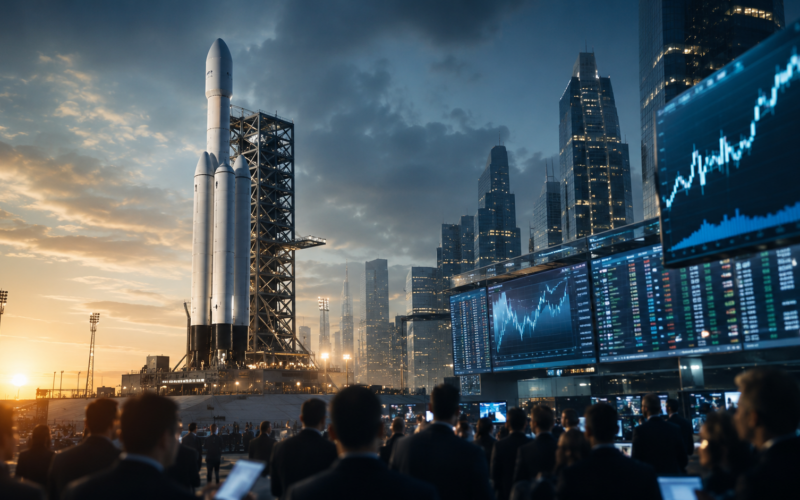 Representative image of a rocket launch and market screens, reflecting how SpaceX’s record IPO and soaring valuation have turned space technology, Starlink growth and artificial intelligence ambitions into a major Wall Street story.