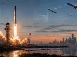Representative image of a rocket launch and satellite network, illustrating Space Exploration Technologies Corp.’s record IPO ambitions as investors weigh SpaceX’s Nasdaq listing, satellite internet growth, reusable rocket economics, and trillion-dollar valuation risk.