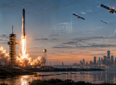 Representative image of a rocket launch and satellite network, illustrating Space Exploration Technologies Corp.’s record IPO ambitions as investors weigh SpaceX’s Nasdaq listing, satellite internet growth, reusable rocket economics, and trillion-dollar valuation risk.