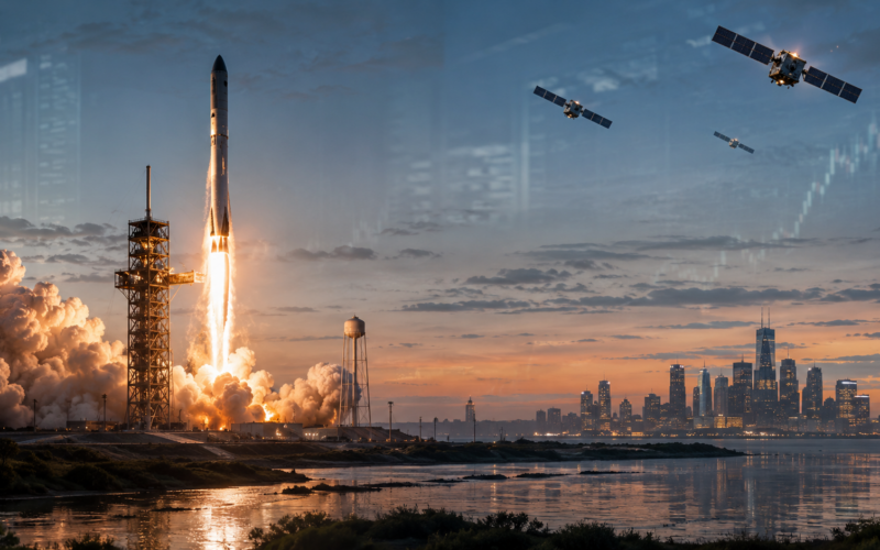 Representative image of a rocket launch and satellite network, illustrating Space Exploration Technologies Corp.’s record IPO ambitions as investors weigh SpaceX’s Nasdaq listing, satellite internet growth, reusable rocket economics, and trillion-dollar valuation risk.