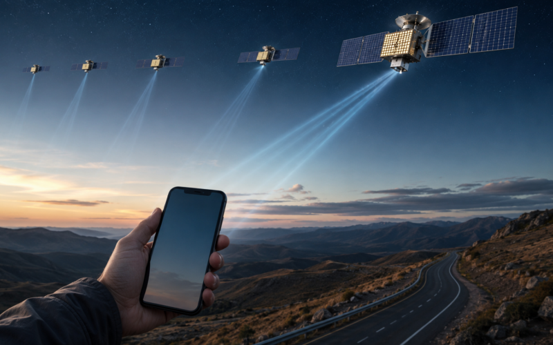 Representative image of satellite-to-smartphone connectivity as AST SpaceMobile prepares for key BlueBird satellite launch milestones and direct-to-cell broadband expansion.
