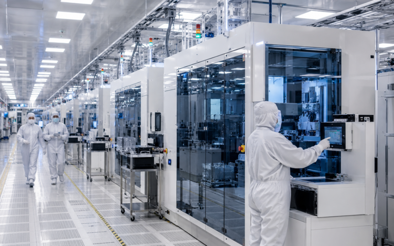Representative image of a high-tech semiconductor cleanroom, reflecting Applied Materials’ Singapore manufacturing expansion and the growing AI chip supply-chain demand shaping AMAT stock sentiment.