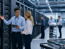 Representative image of engineers reviewing server racks in a high-performance data center, reflecting Supermicro’s AI order funding strategy and the dilution concerns shaping SMCI stock sentiment.