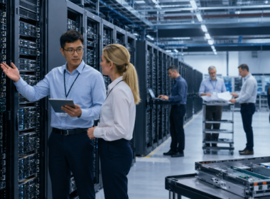 Representative image of engineers reviewing server racks in a high-performance data center, reflecting Supermicro’s AI order funding strategy and the dilution concerns shaping SMCI stock sentiment.