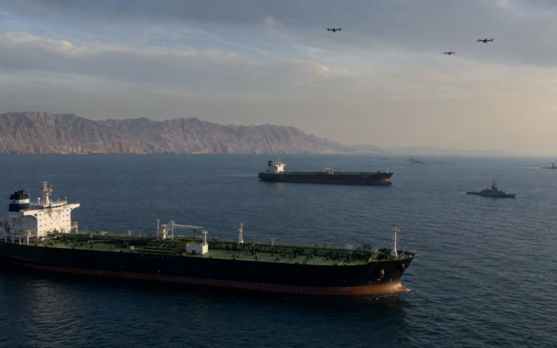 Representative image: Oil tankers and naval patrol vessels near a strategic Gulf shipping route highlight how Strait of Hormuz tensions are shaping the proposed United States and Iran peace deal.
