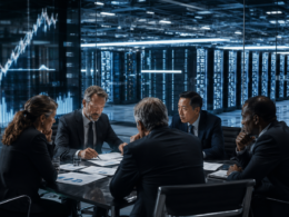 Representative image of technology executives reviewing artificial intelligence infrastructure investment plans, as Alphabet Inc.’s planned 80 billion dollar capital raise highlights the rising financial pressure behind the global AI data center race.