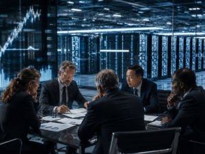 Representative image of technology executives reviewing artificial intelligence infrastructure investment plans, as Alphabet Inc.’s planned 80 billion dollar capital raise highlights the rising financial pressure behind the global AI data center race.