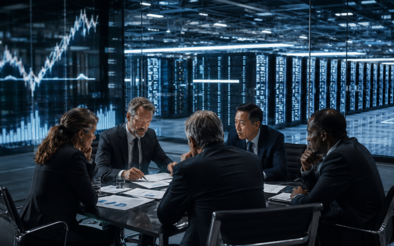 Representative image of technology executives reviewing artificial intelligence infrastructure investment plans, as Alphabet Inc.’s planned 80 billion dollar capital raise highlights the rising financial pressure behind the global AI data center race.