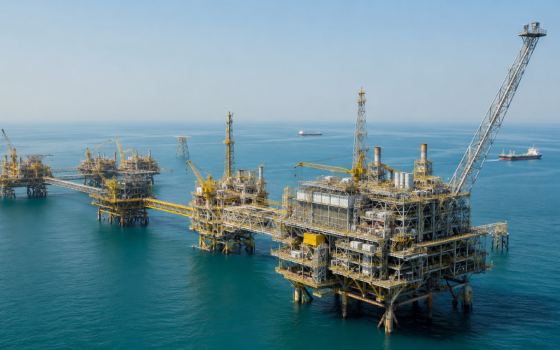 Offshore gas infrastructure in Abu Dhabi waters, illustrating how ADNOC’s $6.2bn Umm Shaif Gas Cap project aims to expand UAE gas supply from a mature field by 2030. Representative image.