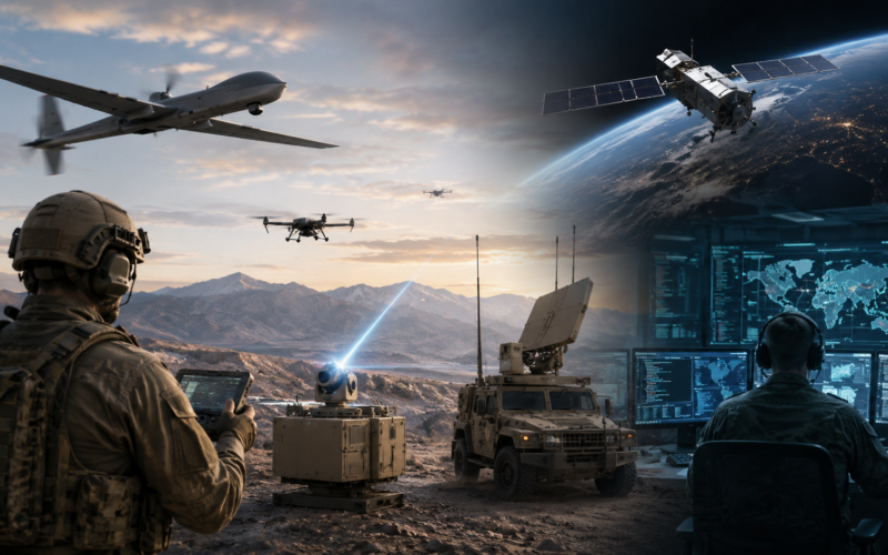 Representative image of autonomous drones, space systems and cyber defence operations, reflecting AeroVironment’s post-BlueHalo expansion into a broader defence technology platform.