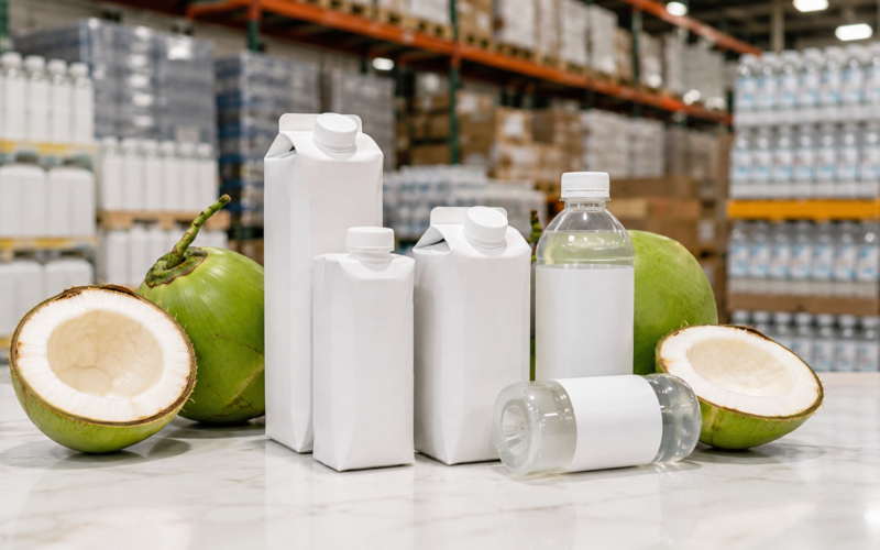 **Representative image:** Unbranded coconut water products and fresh coconuts illustrate The Vita Coco Company’s strong sales growth as investors assess whether higher margins and earnings can support $COCO.
