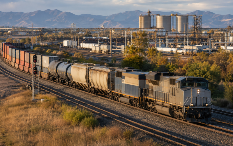 Representative image of a freight train carrying grain, energy products and intermodal cargo as Canadian National Railway Company reports an 11% revenue increase driven by a stronger freight mix and improved profitability.
