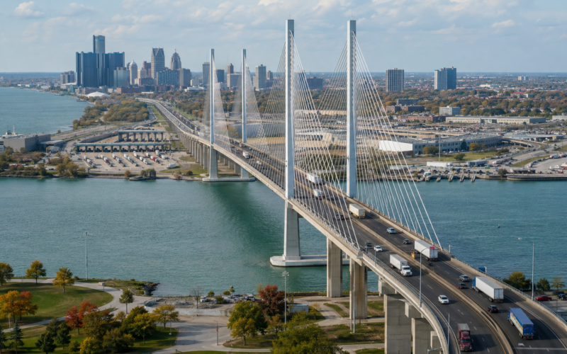 The C$6.4 billion Gordie Howe International Bridge opens a major new Detroit-Windsor trade corridor, adding freight capacity and strengthening Canada-US supply-chain connectivity. Representative image.