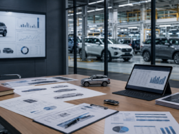 An automotive strategy office overlooking a passenger-vehicle production line reflects Toshiyuki Yanagisawa’s appointment as Honda Cars India chief executive officer as the automaker advances its 2028 India growth, hybrid and digital mobility plans. Representative image.