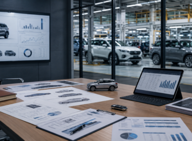 An automotive strategy office overlooking a passenger-vehicle production line reflects Toshiyuki Yanagisawa’s appointment as Honda Cars India chief executive officer as the automaker advances its 2028 India growth, hybrid and digital mobility plans. Representative image.