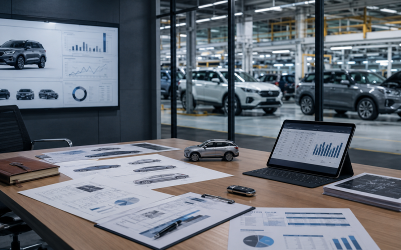 An automotive strategy office overlooking a passenger-vehicle production line reflects Toshiyuki Yanagisawa’s appointment as Honda Cars India chief executive officer as the automaker advances its 2028 India growth, hybrid and digital mobility plans. Representative image.