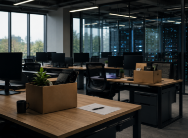 An empty technology office beside active server infrastructure reflects Krutrim’s reported layoffs as the Bhavish Aggarwal-led company narrows its focus to artificial intelligence cloud and enterprise services. Representative image.