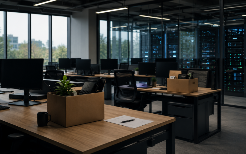 An empty technology office beside active server infrastructure reflects Krutrim’s reported layoffs as the Bhavish Aggarwal-led company narrows its focus to artificial intelligence cloud and enterprise services. Representative image.