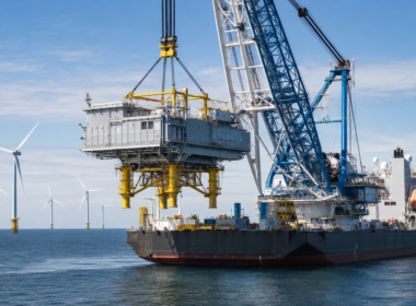 A heavy-lift vessel installs an offshore converter platform as Larsen & Toubro expands its European renewable-energy infrastructure pipeline through the ultra-mega TenneT offshore wind framework. Representative image.