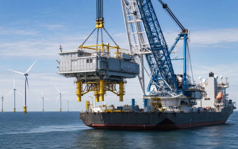 A heavy-lift vessel installs an offshore converter platform as Larsen & Toubro expands its European renewable-energy infrastructure pipeline through the ultra-mega TenneT offshore wind framework. Representative image.