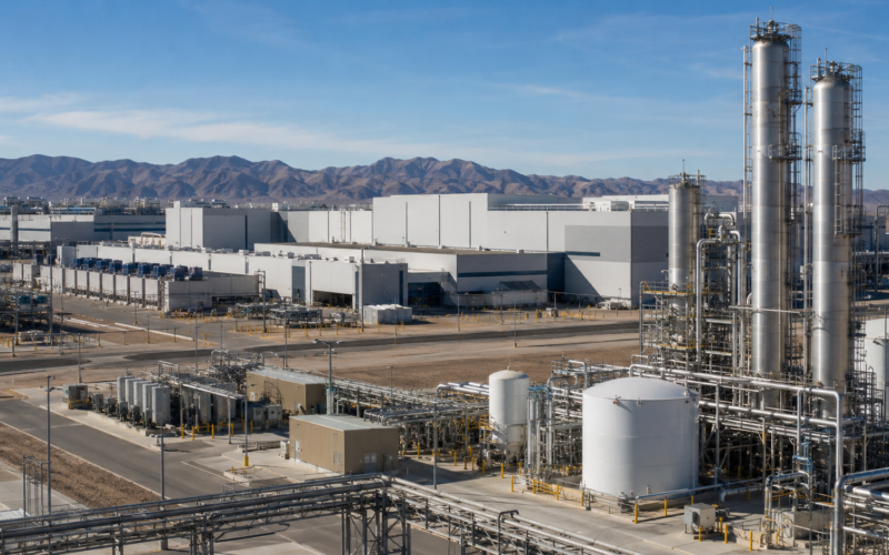Industrial gas infrastructure supporting a large semiconductor manufacturing complex, reflecting Linde plc’s planned $1 billion investment to expand ultra-high-purity gas supplies for new chip fabrication facilities in Phoenix, Arizona. Representative image.