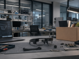 A smart-glasses engineering workspace reflects Magic Leap’s 269 planned job cuts as the augmented reality pioneer exits first-party devices and pivots towards supplying waveguides and optical technology for artificial intelligence glasses. Representative image.
