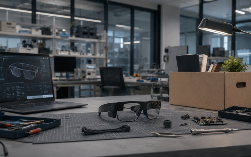 A smart-glasses engineering workspace reflects Magic Leap’s 269 planned job cuts as the augmented reality pioneer exits first-party devices and pivots towards supplying waveguides and optical technology for artificial intelligence glasses. Representative image.