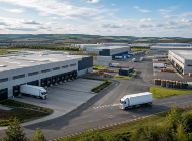 A modern French logistics and warehouse complex reflects Morgan Stanley Real Estate Investing’s acquisition of five fully occupied assets spanning Paris, Lille, Bordeaux, Nîmes and Tours. Representative image.