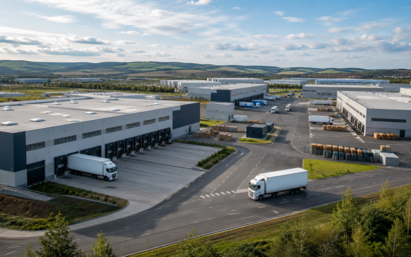 A modern French logistics and warehouse complex reflects Morgan Stanley Real Estate Investing’s acquisition of five fully occupied assets spanning Paris, Lille, Bordeaux, Nîmes and Tours. Representative image.
