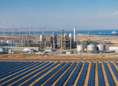 Representative image of a large-scale green hydrogen and ammonia complex in a desert coastal setting, illustrating how the NEOM Green Hydrogen Project aims to turn 4GW of Saudi renewable power into export ammonia by 2027.