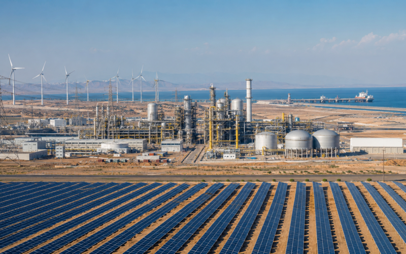Representative image of a large-scale green hydrogen and ammonia complex in a desert coastal setting, illustrating how the NEOM Green Hydrogen Project aims to turn 4GW of Saudi renewable power into export ammonia by 2027.